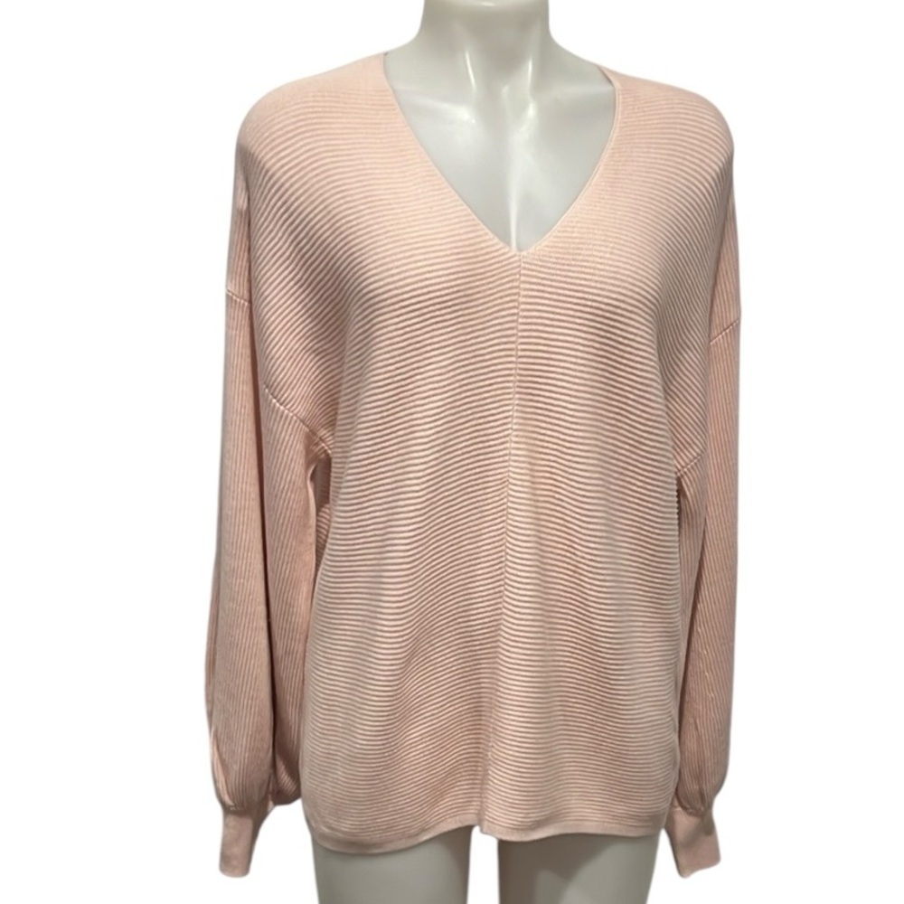 1 State v neck balloon sleeve ribbed cotton blend sweater in pink lotus size L